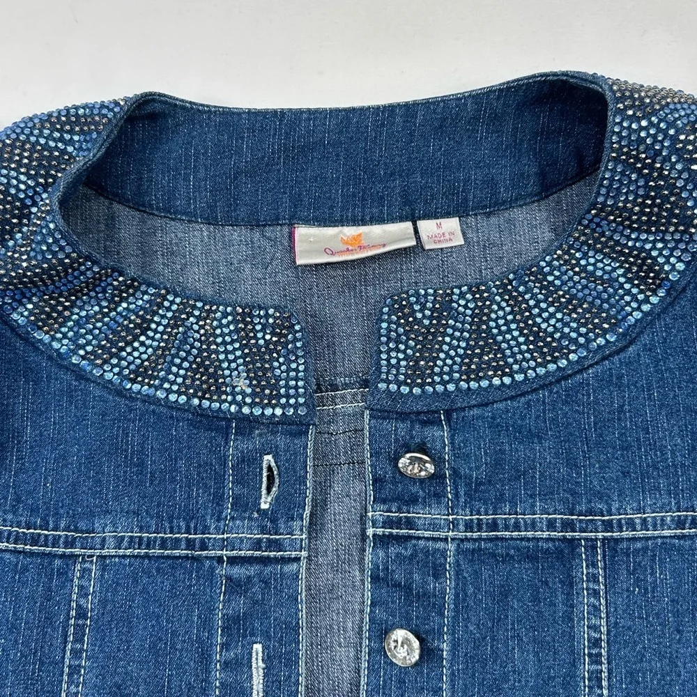 Quacker Factory Custom Denim Jacket No Bad Vibes Peace Rhinestone boho Sz M